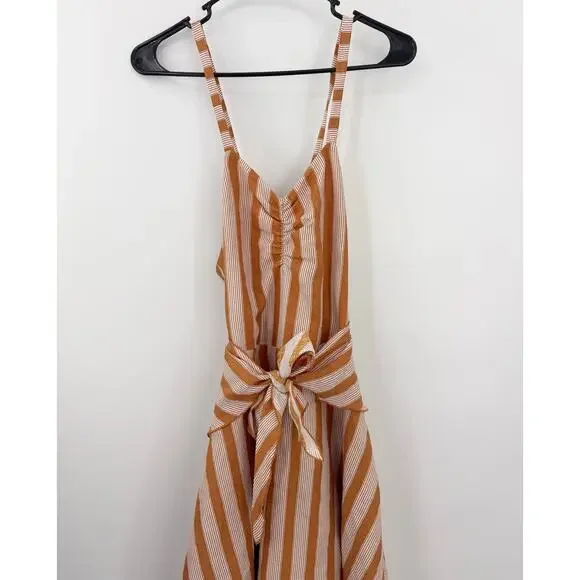 B51 Posse Striped Linen Midi Dress XS Layered Tie Waist Resort Flowy Cruise - Picture 6 of 10